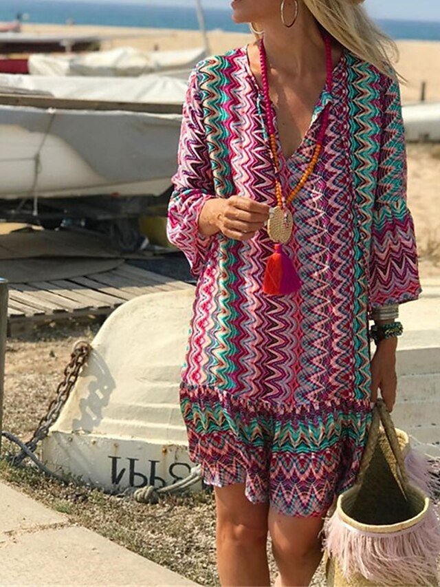 Boho Loose Fit Colour Block V Neck Long Sleeve Midi Dress - Image 2