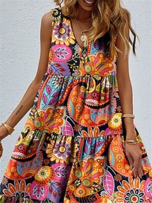 Boho Loose Fit Floral Paisley V Neck Sleeveless Maxi Dress - Image 2