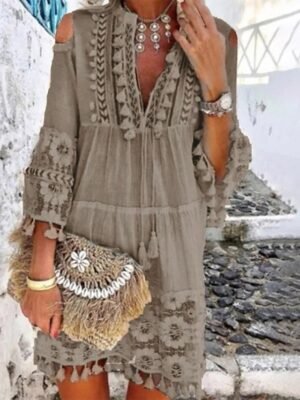 Boho Loose Fit Pure Colour V Neck 3/4 Sleeve Mini Dress - Image 11