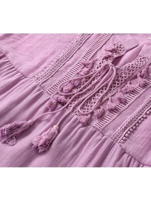 Boho Loose Fit Pure Colour V Neck 3/4 Sleeve Mini Dress - Image 5