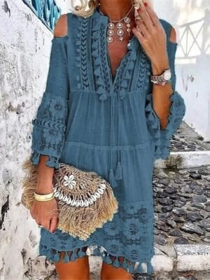 Boho Loose Fit Pure Colour V Neck 3/4 Sleeve Mini Dress - Image 8