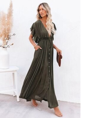 Boho Loose Fit Pure Colour V Neck Long Sleeve Maxi Dress - Image 11