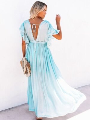 Boho Loose Fit Pure Colour V Neck Long Sleeve Maxi Dress - Image 14
