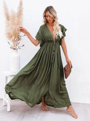Boho Loose Fit Pure Colour V Neck Long Sleeve Maxi Dress - Image 9