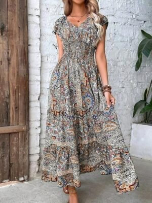 Boho Loose Floral Paisley V Neck Short Sleeve Maxi Dress - Image 12