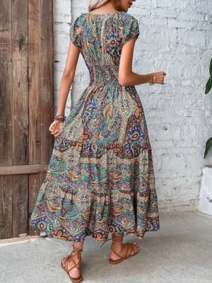 Boho Loose Floral Paisley V Neck Short Sleeve Maxi Dress - Image 3