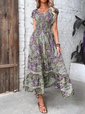 Boho Loose Floral Paisley V Neck Short Sleeve Maxi Dress - Image 5