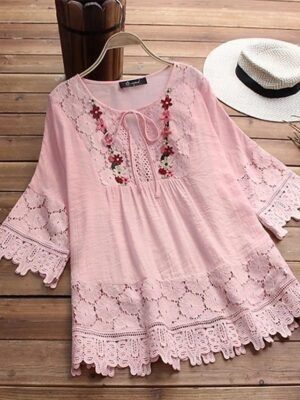 Boho Loose Floral Round Neck Short Sleeve Lace Blouse - Image 1