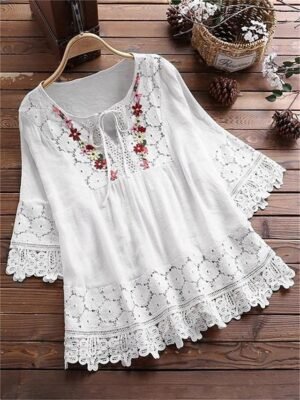 Boho Loose Floral Round Neck Short Sleeve Lace Blouse - Image 10