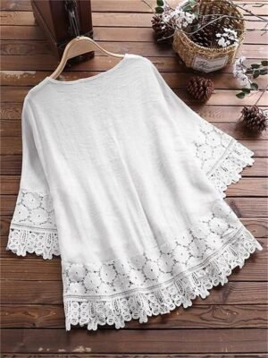 Boho Loose Floral Round Neck Short Sleeve Lace Blouse - Image 11