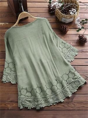 Boho Loose Floral Round Neck Short Sleeve Lace Blouse - Image 13