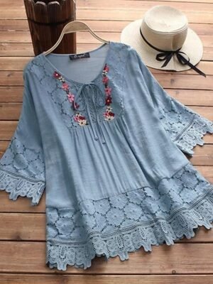 Boho Loose Floral Round Neck Short Sleeve Lace Blouse - Image 7