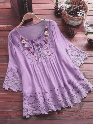 Boho Loose Floral Round Neck Short Sleeve Lace Blouse - Image 9