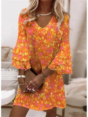 Boho Loose Floral V Neck 3/4 Sleeve Mini Shift Dress - Image 2