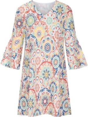 Boho Loose Floral V Neck 3/4 Sleeve Mini Shift Dress - Image 4