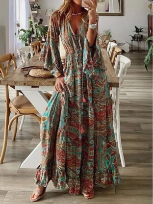 Boho Loose Graphic V Neck Flared Sleeve Maxi Dress - Image 6