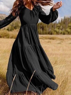 Boho Loose Pure Colour V Neck Long Sleeve Maxi Dress - Image 2