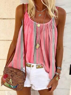 Boho Loose Striped Round Neck Sleeveless Camisole - Image 1