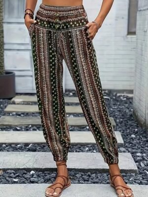 Boho Mid Waist Geometric Full Length Joggers - Image 9