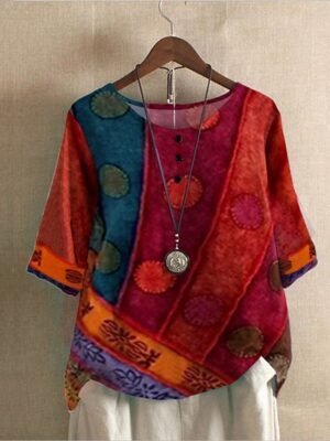 Boho Plus Size Striped Crew Neck Half Sleeve Regular Top - Image 1