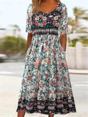 Boho Regular Fit Floral Crew Neck Short Sleeve Midi Dress - Image 2