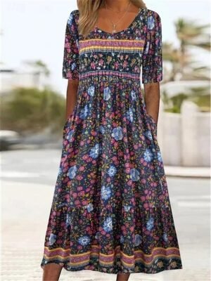 Boho Regular Fit Floral Crew Neck Short Sleeve Midi Dress - Image 3