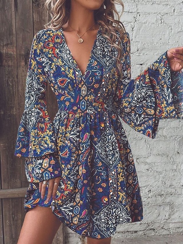 Boho Regular Fit Floral Paisley V Neck Long Sleeve Mini Dress - Image 2