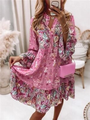 Boho Regular Fit Floral Split Neck Long Sleeve Mini Dress - Image 2