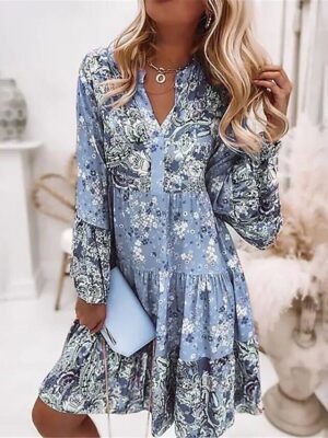 Boho Regular Fit Floral Split Neck Long Sleeve Mini Dress - Image 5