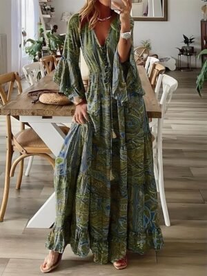 Boho Regular Fit Floral V Neck Long Sleeve Maxi Dress - Image 1