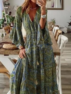 Boho Regular Fit Floral V Neck Long Sleeve Maxi Dress - Image 10