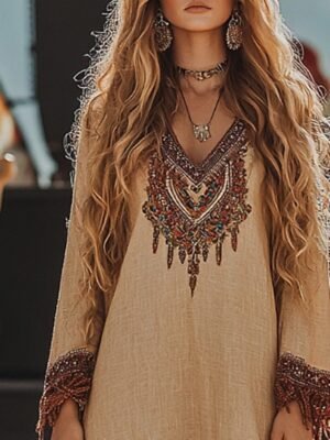 Boho Regular Fit Floral V Neck Long Sleeve Midi Dress - Image 2