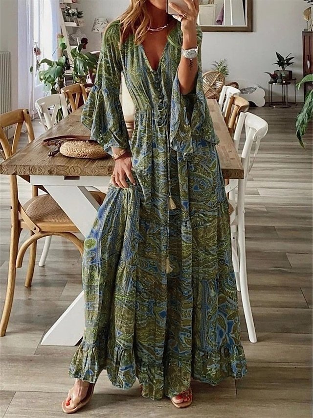 Boho Regular Fit Floral V Neck Long Sleeve Maxi Dress - Image 2