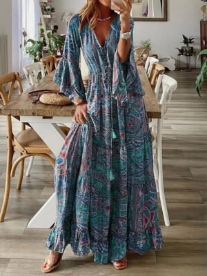 Boho Regular Fit Floral V Neck Long Sleeve Maxi Dress - Image 3