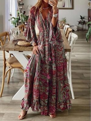 Boho Regular Fit Floral V Neck Long Sleeve Maxi Dress - Image 5