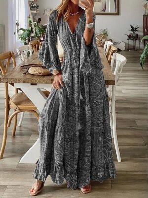 Boho Regular Fit Floral V Neck Long Sleeve Maxi Dress - Image 7