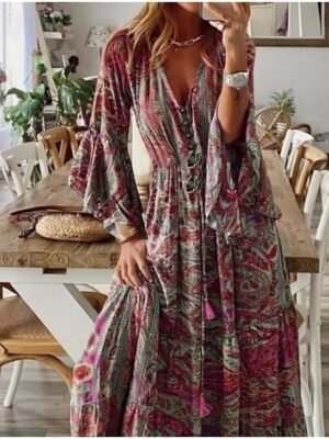 Boho Regular Fit Floral V Neck Long Sleeve Maxi Dress - Image 8