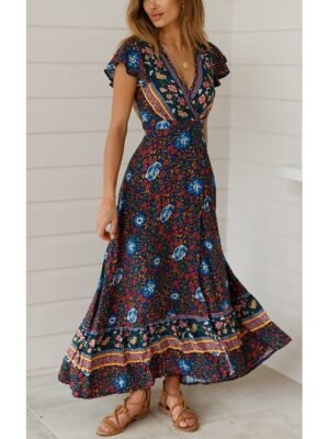 Boho Regular Fit Floral V Neck Short Sleeve Maxi Dress - Image 1