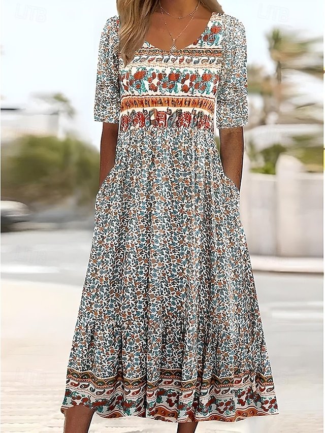 Boho Regular Fit Floral V Neck Short Sleeve Maxi Dress - Image 2