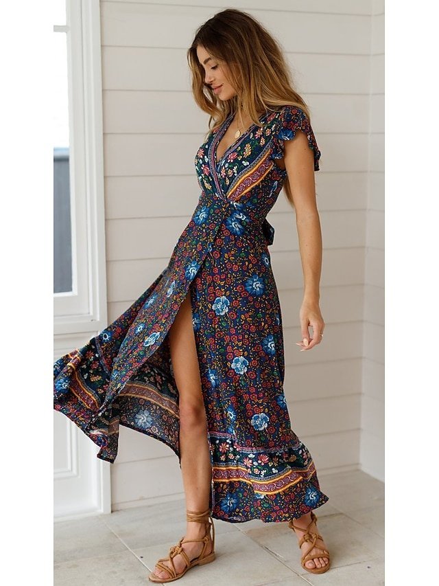 Boho Regular Fit Floral V Neck Short Sleeve Maxi Dress - Image 2