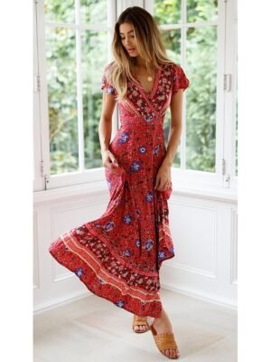 Boho Regular Fit Floral V Neck Short Sleeve Maxi Dress - Image 3