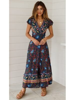 Boho Regular Fit Floral V Neck Short Sleeve Maxi Dress - Image 4