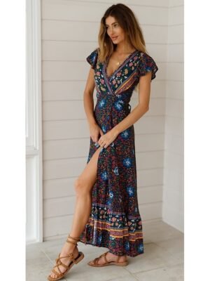 Boho Regular Fit Floral V Neck Short Sleeve Maxi Dress - Image 5