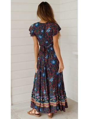 Boho Regular Fit Floral V Neck Short Sleeve Maxi Dress - Image 6