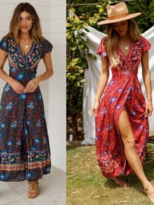 Boho Regular Fit Floral V Neck Short Sleeve Maxi Dress - Image 7