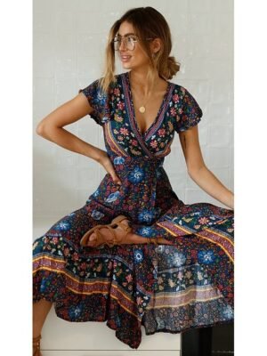 Boho Regular Fit Floral V Neck Short Sleeve Maxi Dress - Image 9