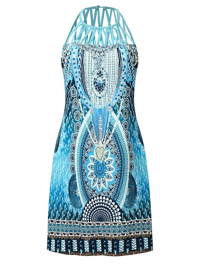 Boho Regular Fit Geometric Halter Sleeveless Mini Dress - Image 2