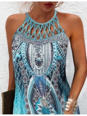 Boho Regular Fit Geometric Halter Sleeveless Mini Dress - Image 3