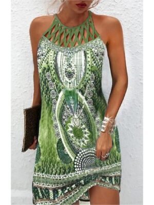 Boho Regular Fit Geometric Halter Sleeveless Mini Dress - Image 5