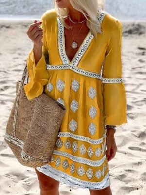 Boho Regular Fit Geometric V Neck Long Sleeve Mini Dress - Image 3